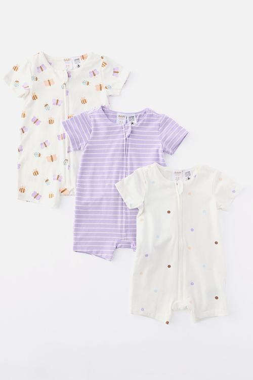 The 3Pk Short Sleeve Zip Romper - Vanilla-Purple Hue/Butterflies