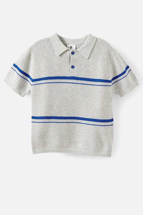 Open Neck Polo - Grey Marle/Harbour Blue Stripe