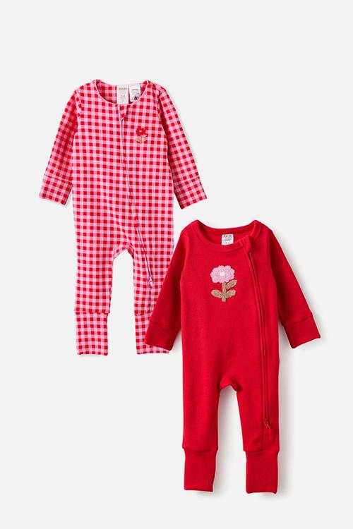 2 Pack Growie Long Sleeve Zip Romper - Varsity Red/Gingham & Varsity Red/Sweet Bloom