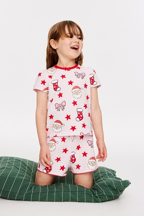 Dreamdrift Puff Sleeve Short Sleeve Pj Set - Ballet Pink/Santa Glow