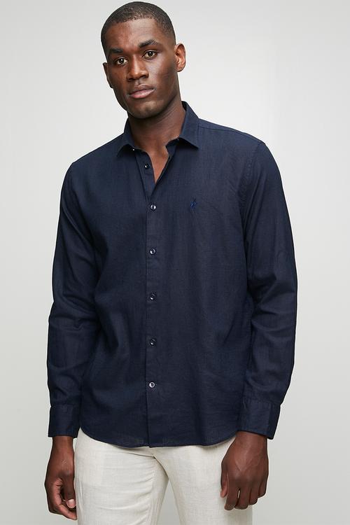 MENS LS PLAIN LINEN BLEND SHIRT - Navy