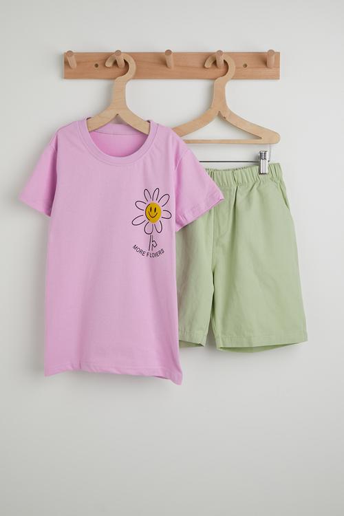Daisy placement tee with shorts - light purple/green