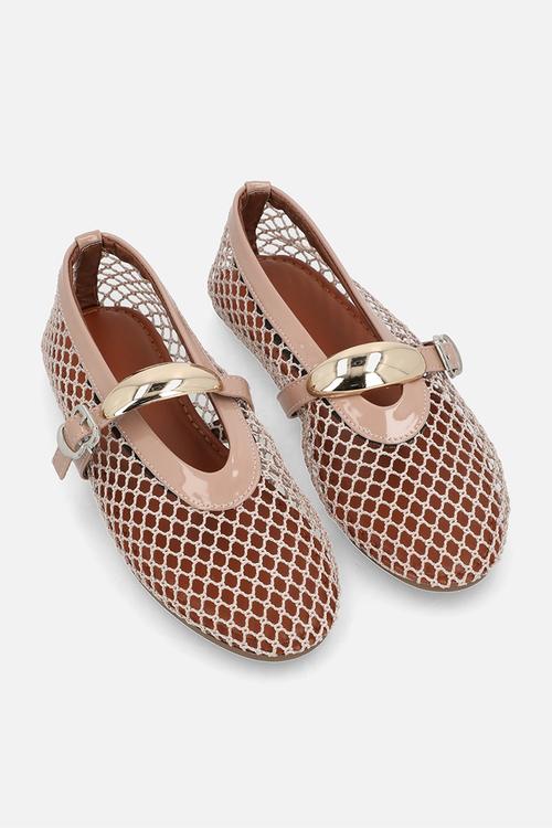 Fishnet mesh ballet flats with gold accent - neutral