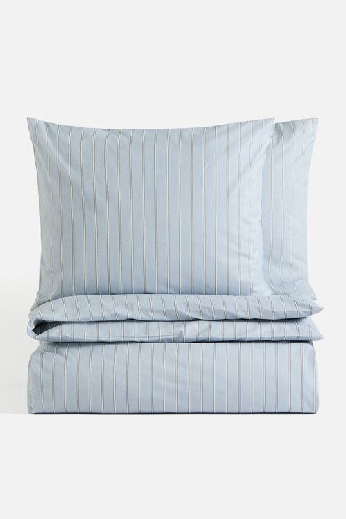 Striped double/king duvet cover set - light dusty blue/striped
