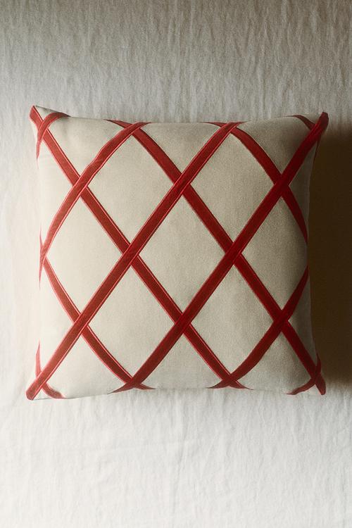 Patterned velvet cushion cover - red/harlequin pattern