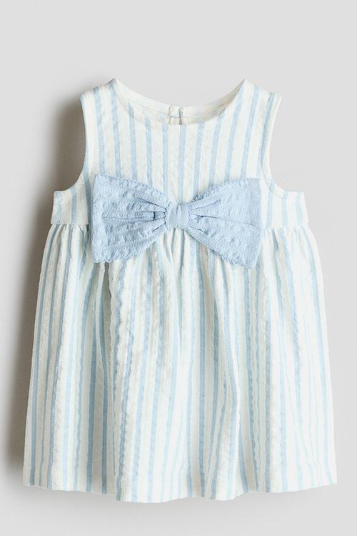 Bow-detail cotton dress - white/light blue striped