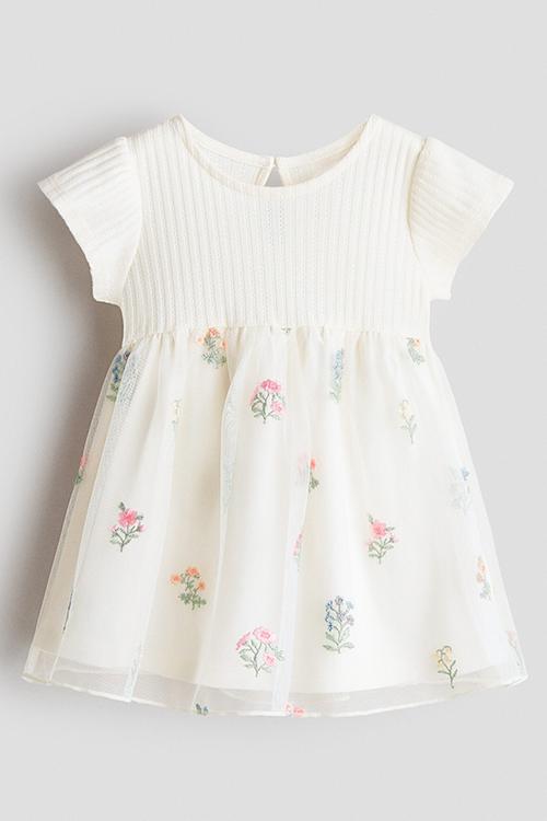 Embroidered tulle-skirt dress - white/floral