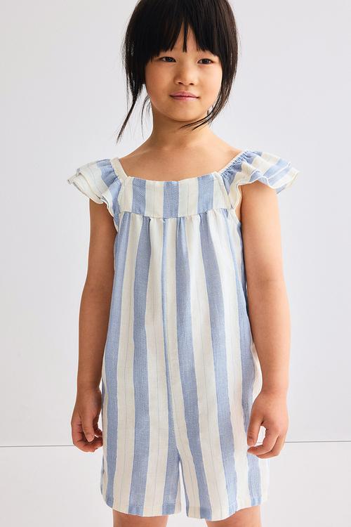 Flutter-sleeved jumpsuit - cream/blue striped