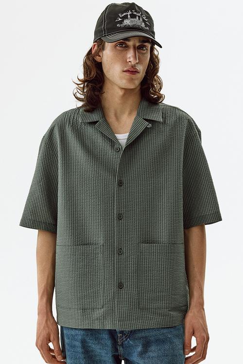 Relaxed fit short-sleeved resort shirt - khaki green/checked