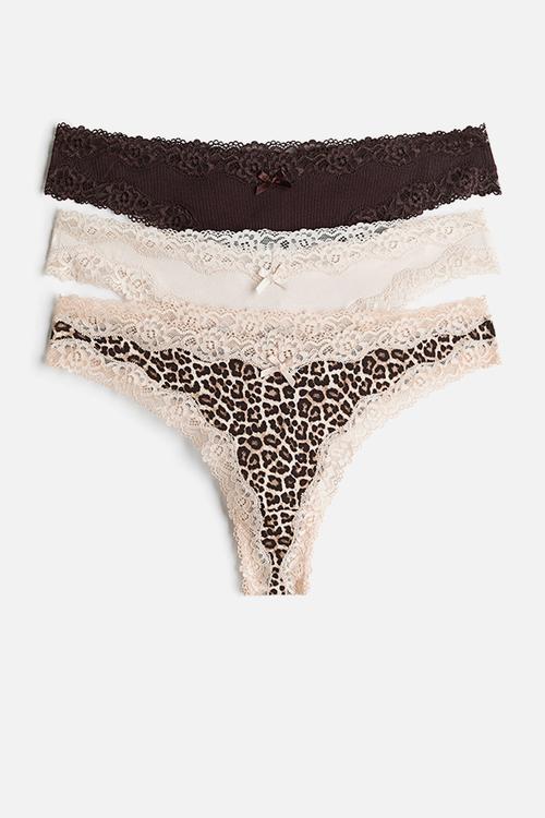 3-pack cotton and lace brazilian briefs - beige/leopard print