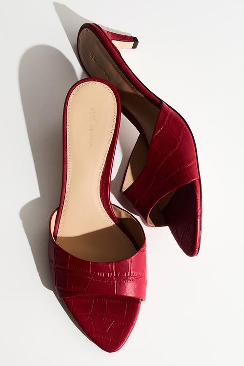 Heeled leather sandals - dark red/faux crocodile