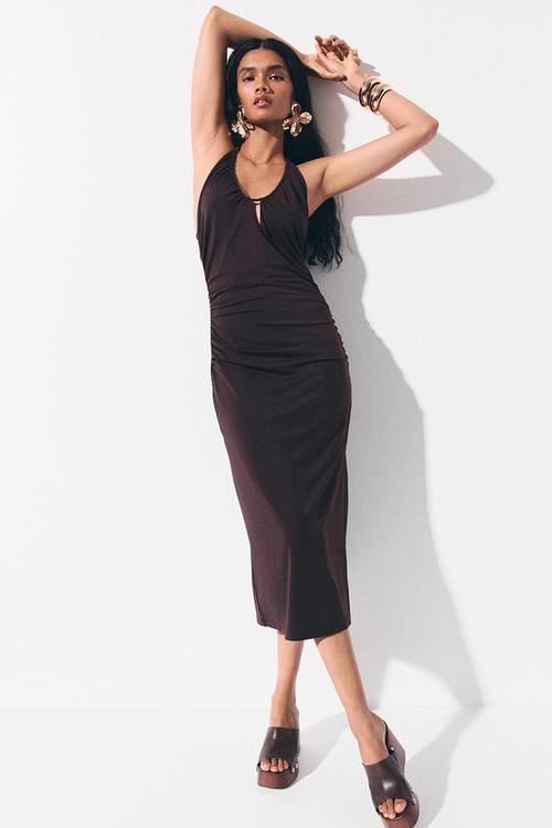 Draped halterneck dress - dark brown
