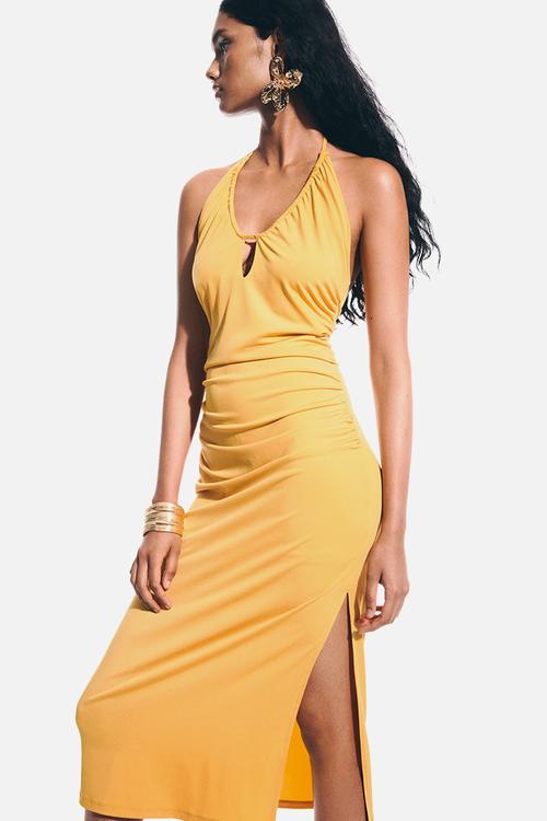 Draped halterneck dress - yellow
