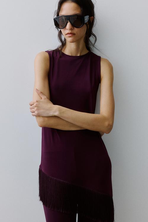Asymmetric fringe-trimmed top - plum purple