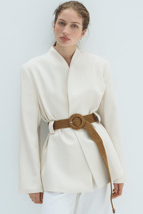 Belted lapelless blazer - cream
