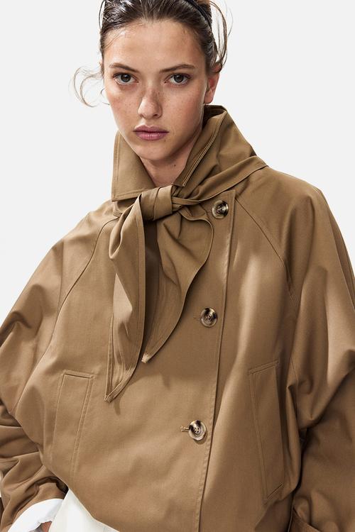 Short trench coat with scarf - dark beige