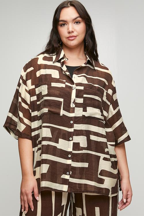 Plus Oversized Shirt Patch Pockets - Choc/Bananaprint