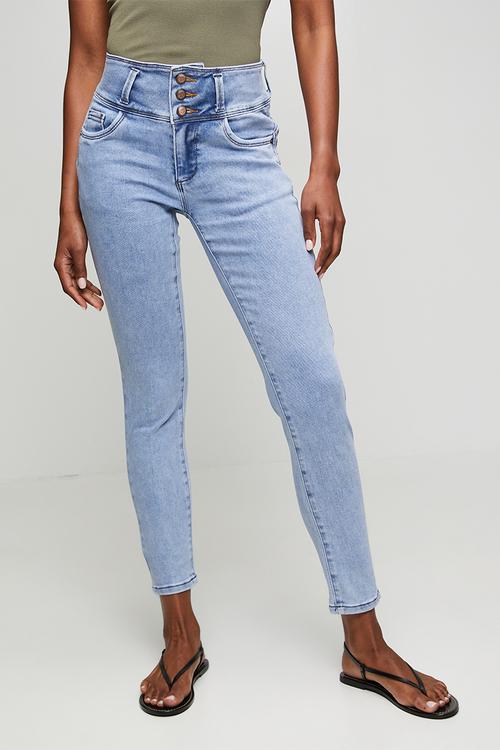 3 Button Wide Waistband Bumbooster Skinny Leg Jean - Light Wash