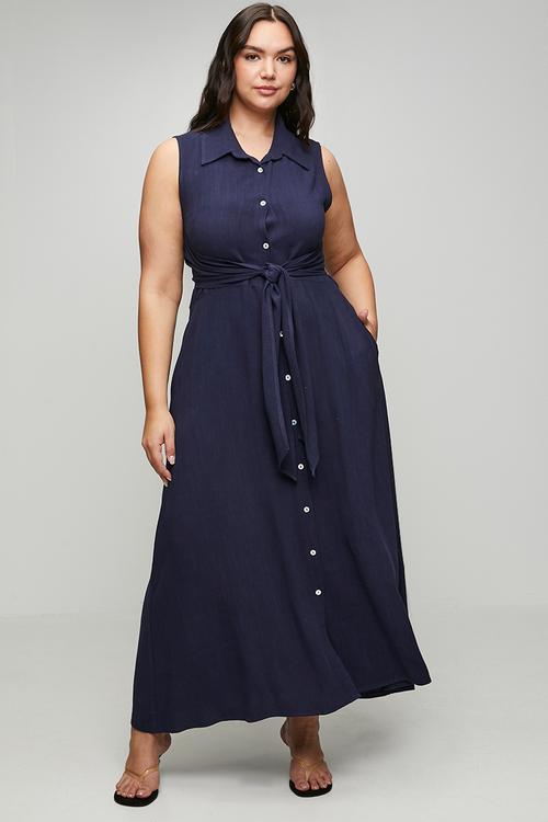 Plus Sleeveless Front Tie Back Peekout Dress - Ink