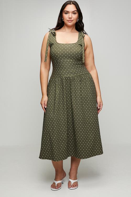 Plus Bengaline Stretch Dress With Shoulder Tie Detail - Green Spot