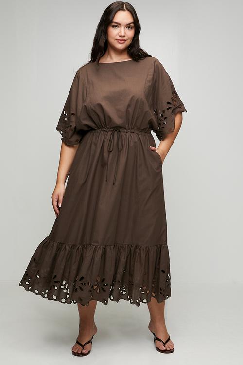 Plus Kimono Sleeve Tiered Anglaise Dress - Choc