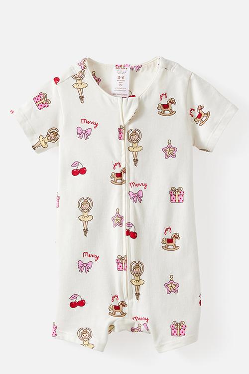 Growie Short Sleeve Zip Romper - Vanilla/Christmas Ballerina