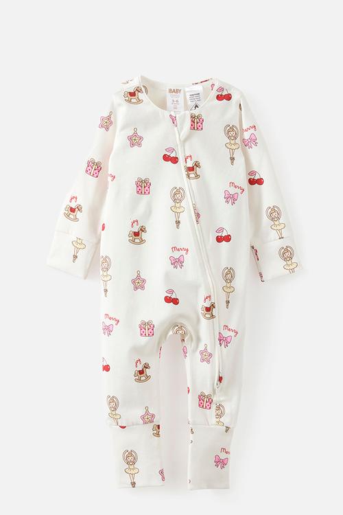 Growie Long Sleeve Zip Romper - Vanilla/Christmas Ballerina