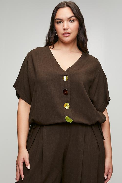 Plus Perpex Button Detail Dolman Sleeve Top  - Dark choc
