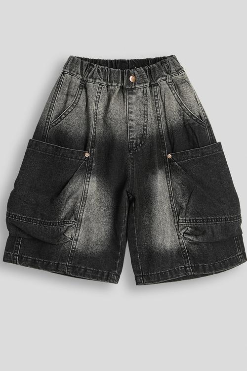Acid wash cargo denim shorts - black