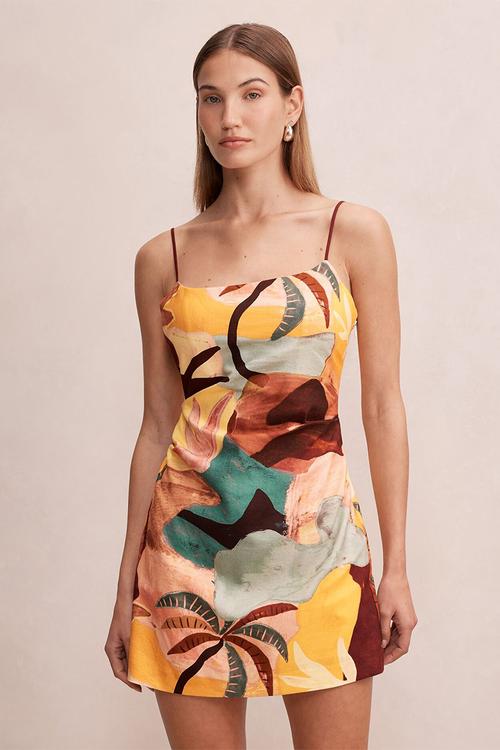 Mel strappy linen mini dress in arndale abstract