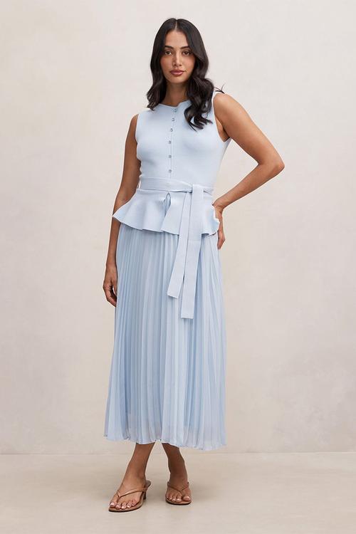 Luella pleat mixed midi dress in soft blue