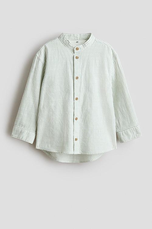 Cotton grandad shirt - white/green striped