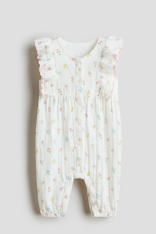 Frilled muslin romper suit - white/floral