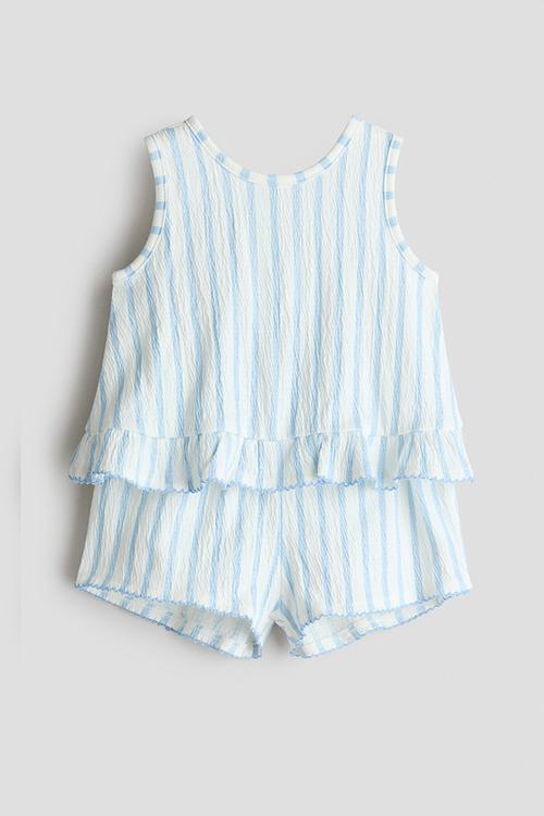 2-piece crinkled cotton set - white/light blue striped