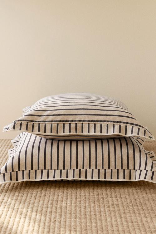 Linen-blend cushion cover - light beige/striped