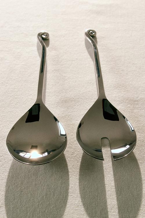 Swirl-detail salad servers - silver-coloured