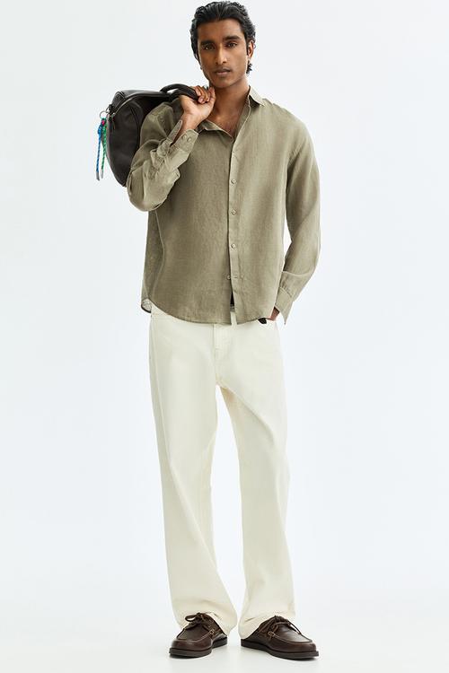 Slim fit linen shirt - khaki green
