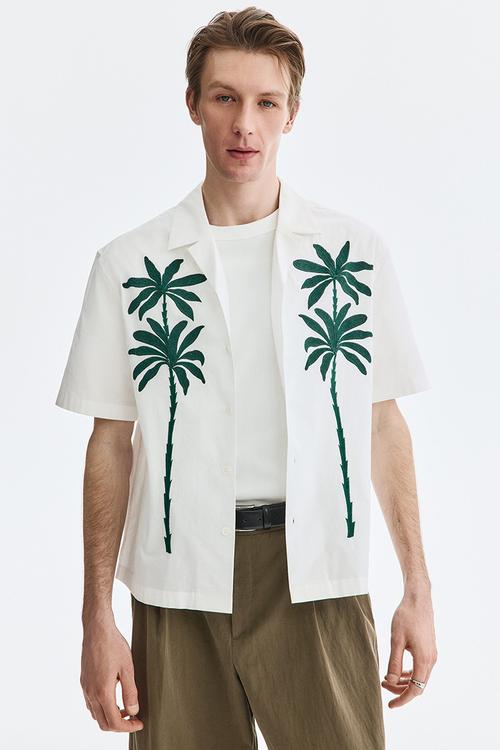 Relaxed fit embroidered-motif resort shirt - white/palm trees
