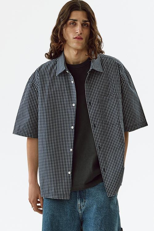 Relaxed fit cotton shirt - navy blue/checked