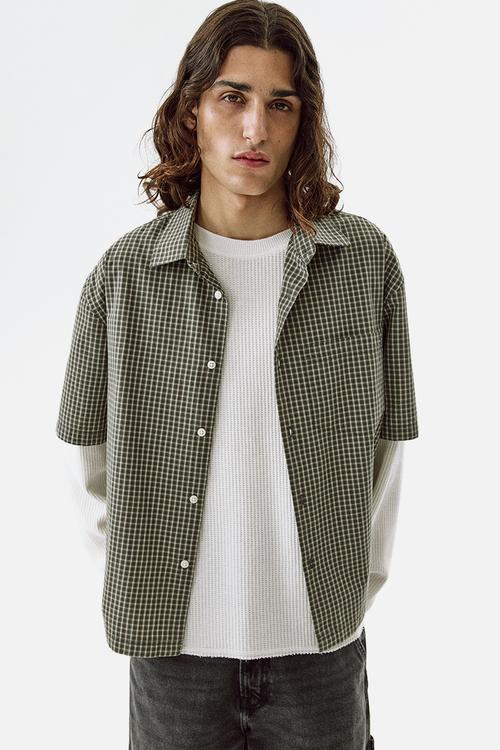 Relaxed fit cotton shirt - khaki green/checked