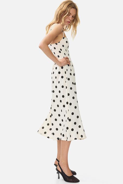 Smocked strappy dress - cream/spotted