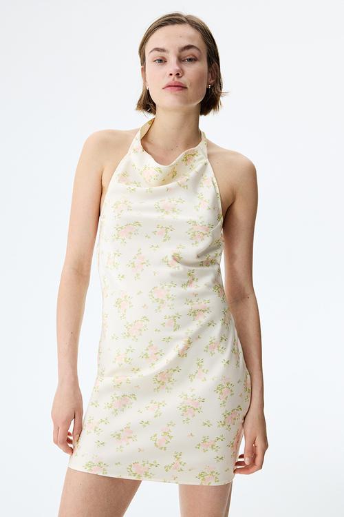 Satin halterneck dress - cream/floral
