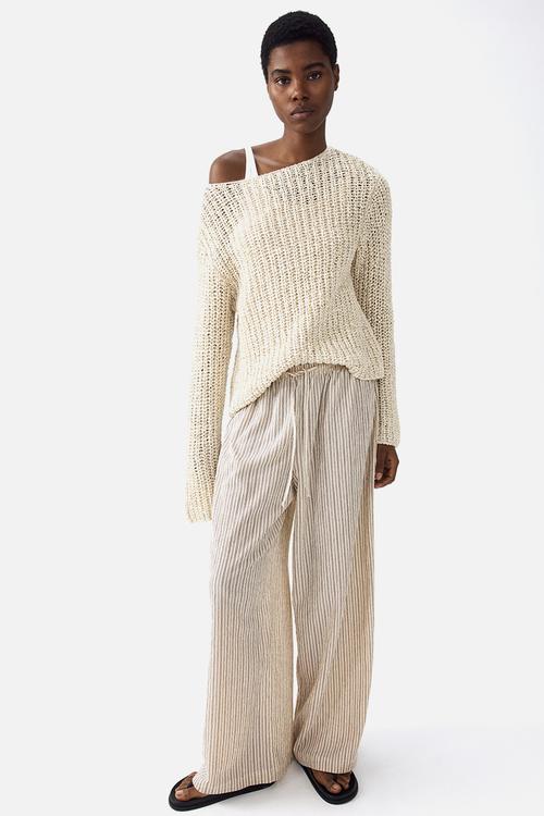 Wide pull-on trousers - light beige/striped