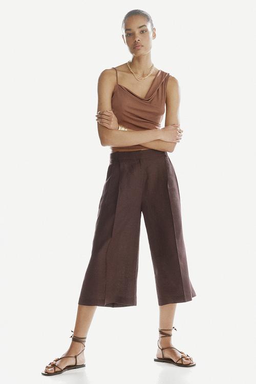 Wide linen-blend culottes - dark brown