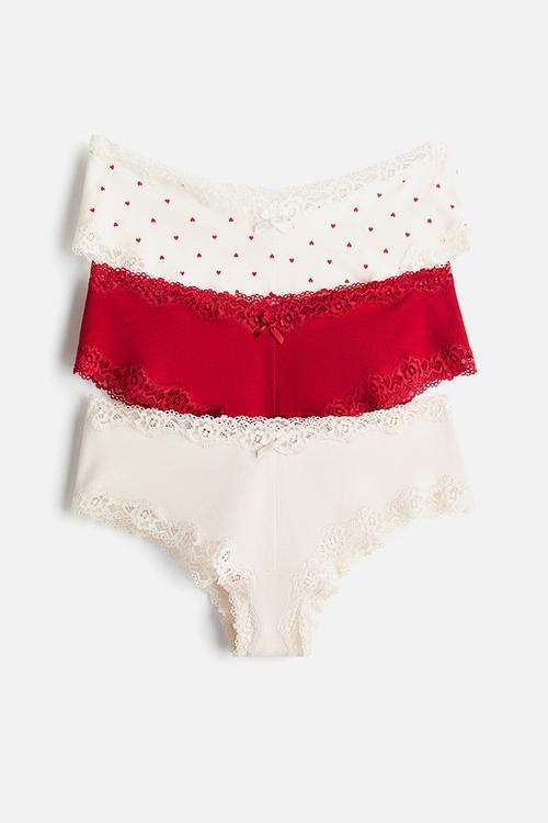 3-pack cotton and lace hipster briefs - red/hearts