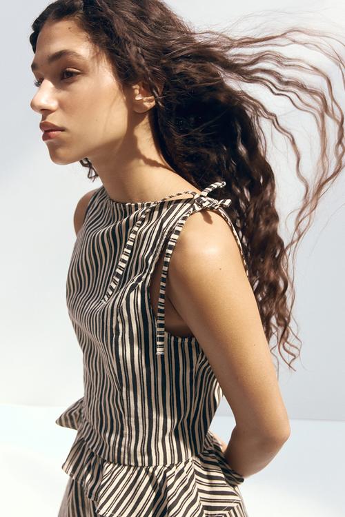 Linen-blend peplum top - dark grey/striped