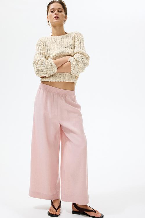 Linen-blend ankle-length trousers - light pink