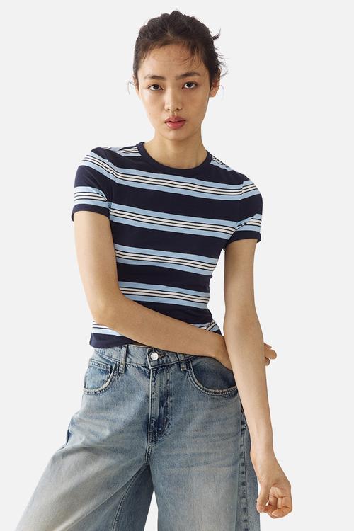 Fitted cotton t-shirt - navy blue/striped