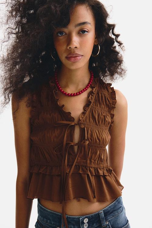 Tie-detail smocked top - dark brown