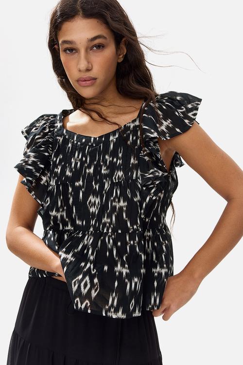 Frill-trimmed cotton top - dark grey/patterned